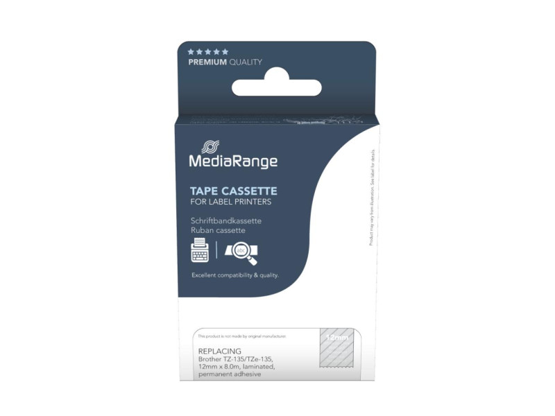 MediaRange Plastic Tape Cassette For Label Printers Using Brother TZ-135/TZe-135 12mm 8m Laminated White On Clear (MRBTZ135)