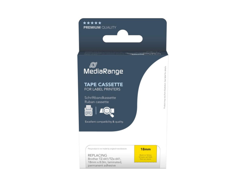 MediaRange Plastic Tape Cassette For Label Printers Using Brother TZ-641/TZe-641 18mm 8m Laminated Black On Yellow (MRBTZ641)