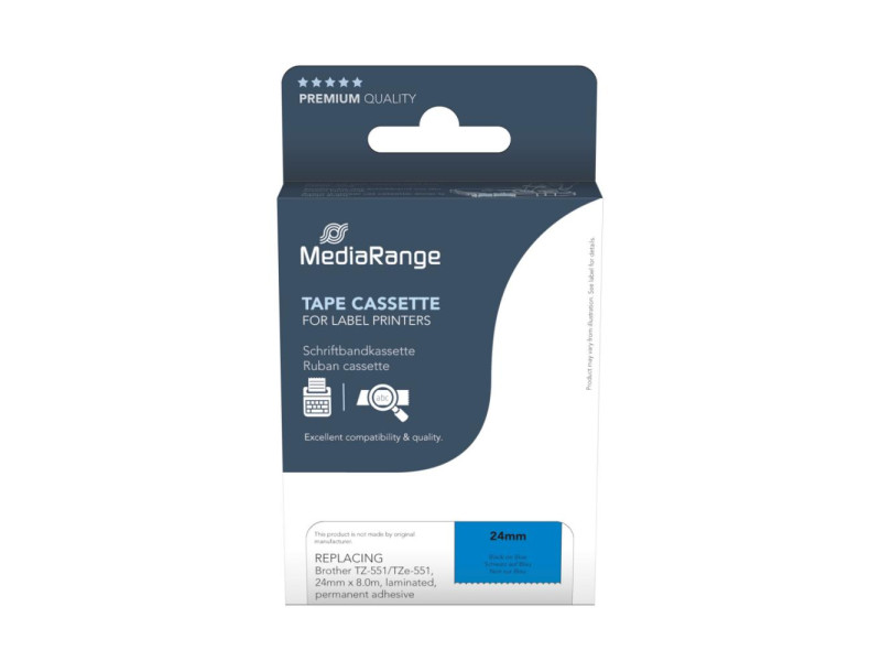 MediaRange Plastic Tape Cassette For Label Printers Using Brother TZ-551/TZe-551 24mm 8m Laminated Black On Blue (MRBTZ551)