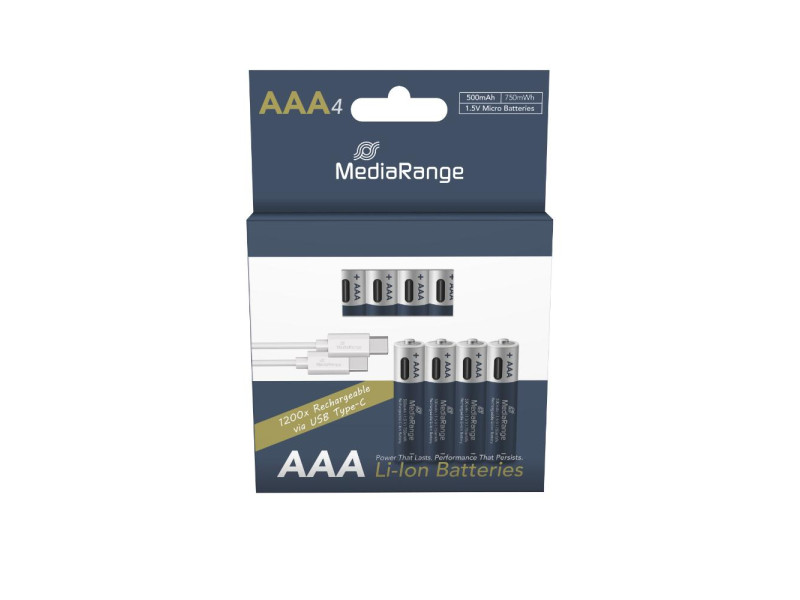 MediaRange Rechargeable USB-C Li-Ion Batteries, Micro AAA I 1.5V I 500mAh, 4-Pack (MRBAT160)