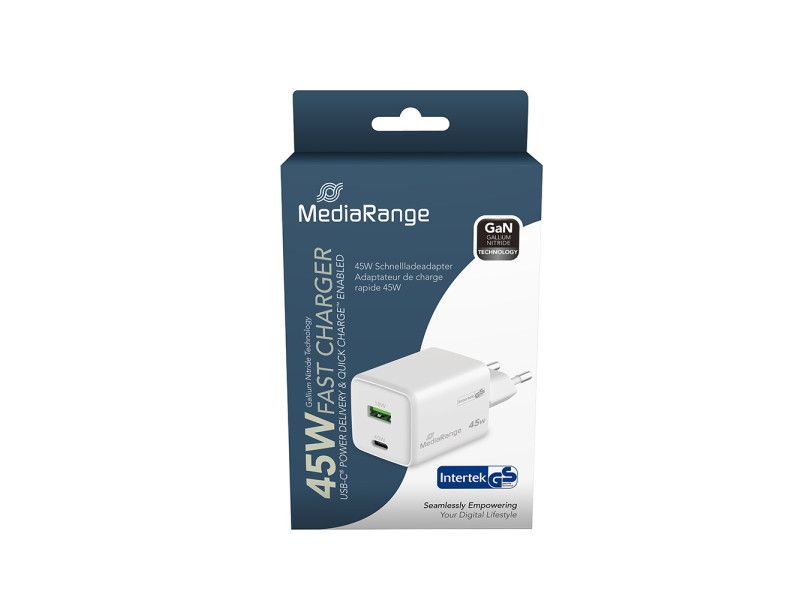 MediaRange 45W GaN Fast Charging Adapter (EU-Plug), 1x USB-C and 1x USB-A, USB-C® Power Delivery and Quick Charge enabled, White(MRMA113-2)