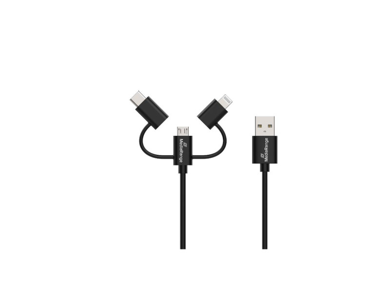 MediaRange 3-in-1 Charge and Sync Cable, micro USB, USB Type-C® and Apple Lightning® Connectors, USB 2.0 480 Mbps, 12W max., 1.0m, Black (MRCS246)