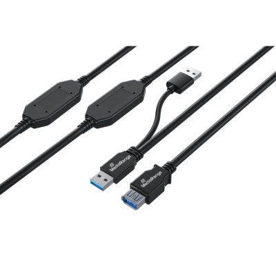 MediaRange Active USB Extension Cable, 2x USB-A Plug to 1x USB-A Socket, 2x Repeater, USB 3.0, 5 Gbps Data Transfer Rate, 15m, Black (MRCS244)