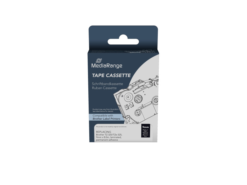 Ετικέτες Γενικής Χρήσης Mediarange (Brother TZ-325/TZe-325) 9mm, 8m, Laminated and Permanent Adhesive, White on Black (MRBTZ325)
