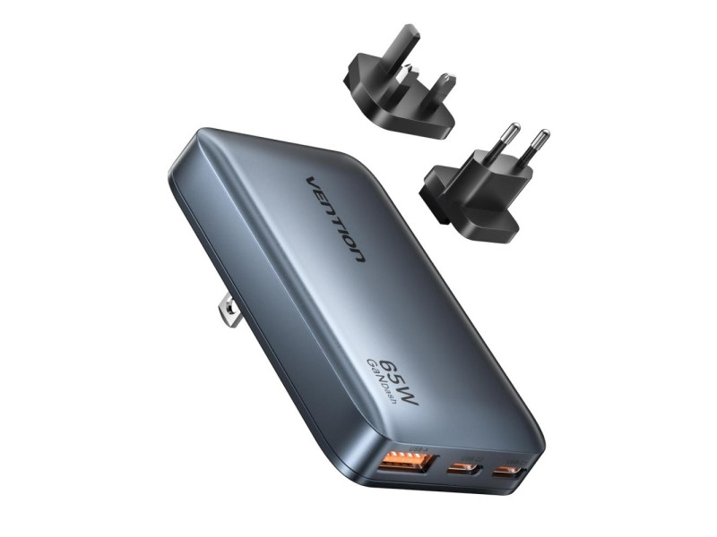 VENTION 3-Port USB (C + C + A) GaN Charger (65W/65W/18W) Gray Ultra-Slim Type (FCBH0) (VENFCBH0)