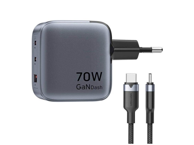 VENTION 3-Port USB (C+C+A) GaN Charger (70W/70W/22.5W) Gray with USB-C to USB-C Cable (1M) Black EU-Plug (TZ-FEXH0-EU) (VENTZ-FEXH0-EU)