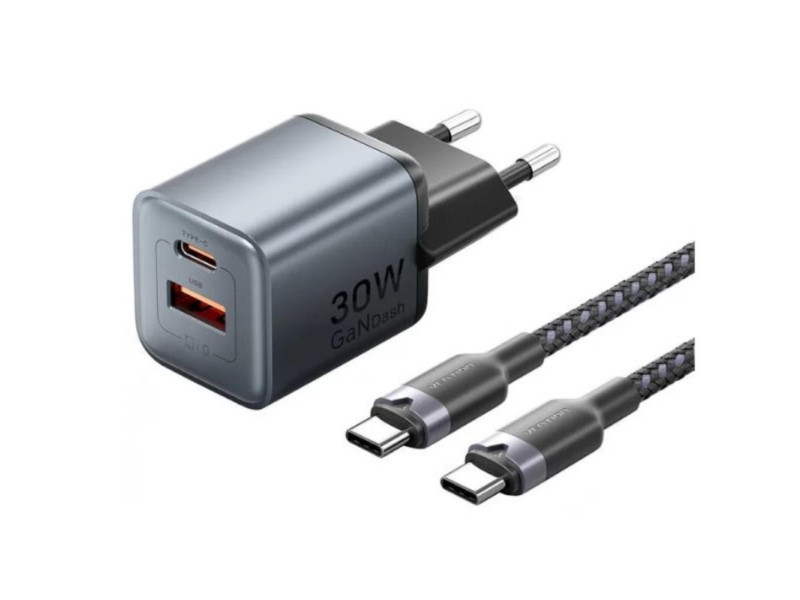 VENTION 2-Port USB (C + A) GaN Charger (30W/18W) Gray with USB-C to USB-C Cable (1M) Black EU-Plug (TZ-FEWH0-EU) (VENTZ-FEWH0-EU)