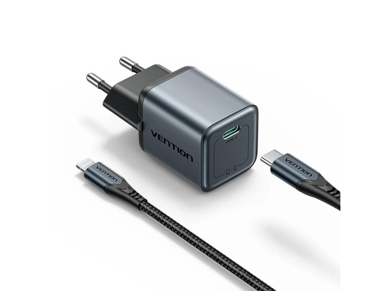 VENTION 1-Port USB-C GaN Charger (20W) Gray with USB-C to Lightning Cable (1M) Black EU-Plug (TZ-FEVH0-EU) (VENTZ-FEVH0-EU)