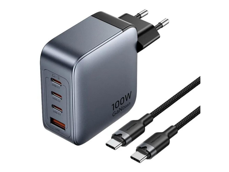VENTION 4-Port USB (C + C + C + A) GaN Charger (100W/100W/30W/30W) Gray with USB-C to USB-C Cable (1M) Black EU-Plug (TZ-FETH0-EU) (VENTZ-FETH0-EU)