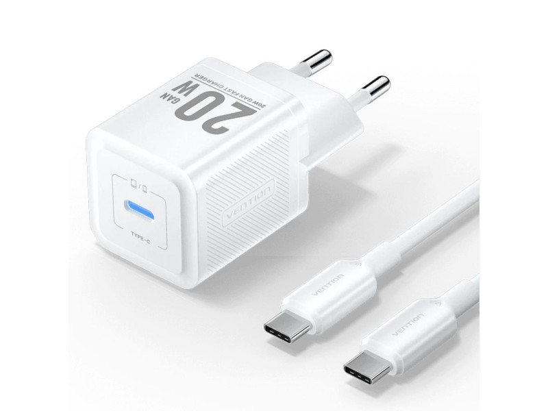 VENTION 1-Port USB-C GaN Charger (20W) with USB-C to Lightning Cable (1M) EU-Plug White (TZ-FEPW0-EU-02) (VENTZ-FEPW0-EU-02)