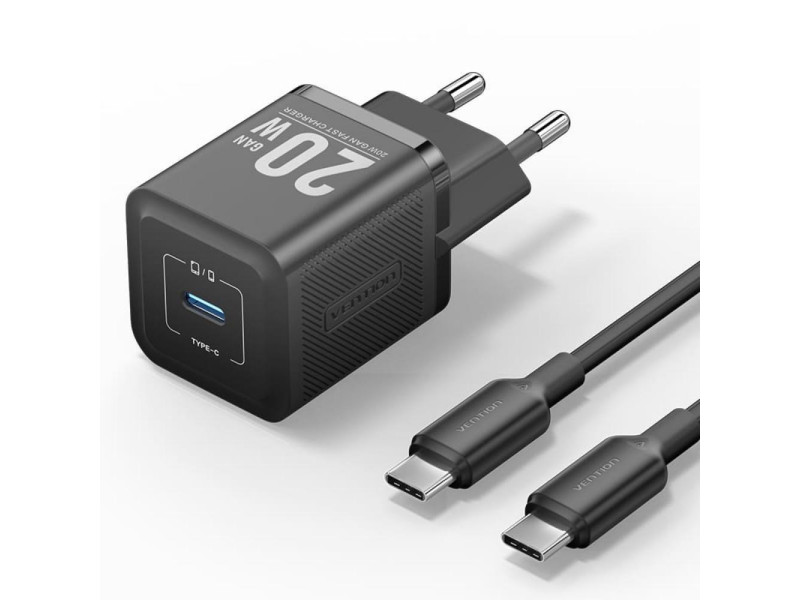 VENTION 1-Port USB-C GaN Charger (20W) with USB-C to Lightning Cable (1M) EU-Plug Black (TZ-FEPB0-EU-02) (VENTZ-FEPB0-EU-02)
