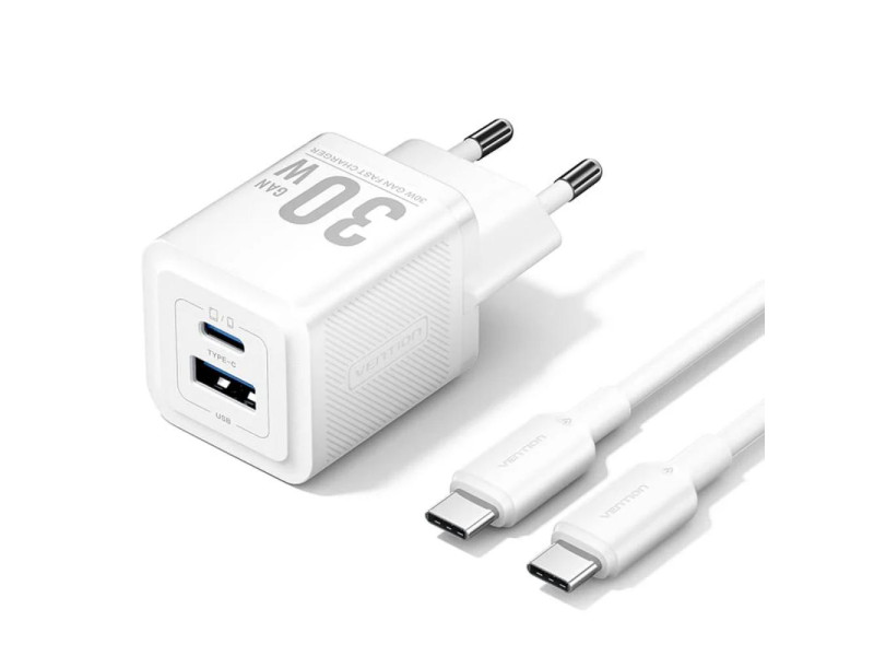 VENTION 2-Port USB (C + A) GaN Charger (70W/22.5W) with 5A USB-C to USB-C Cable (1M) EU-Plug White (TZ-FCGW0-EU) (VENTZ-FCGW0-EU)