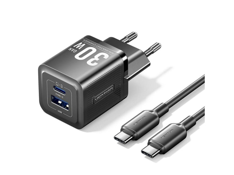 VENTION 2-Port USB (C + A) GaN Charger (70W/22.5W) with 5A USB-C to USB-C Cable (1M) EU-Plug Black (TZ-FCGB0-EU) (VENTZ-FCGB0-EU)