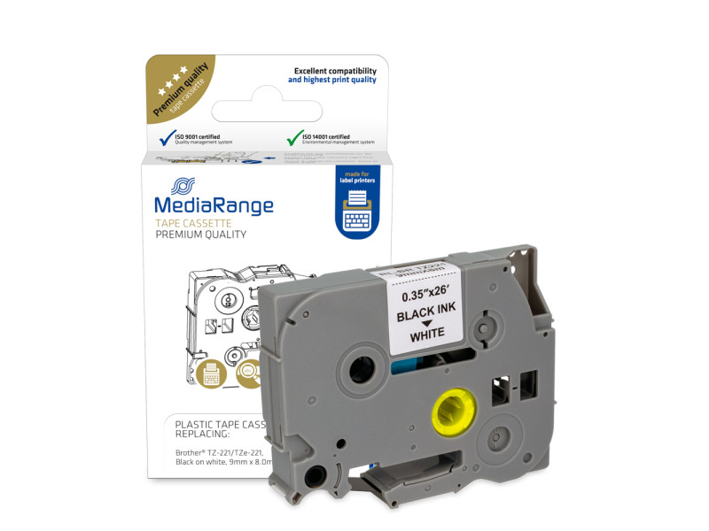 Πλαστική Ταινία Ετικετογράφου MediaRange (Brother TZ-221/TZe-221) 9 mm x 8 m (Μαύρα Γράμματα σε Λευκό Φόντο) (MRBTZ221)