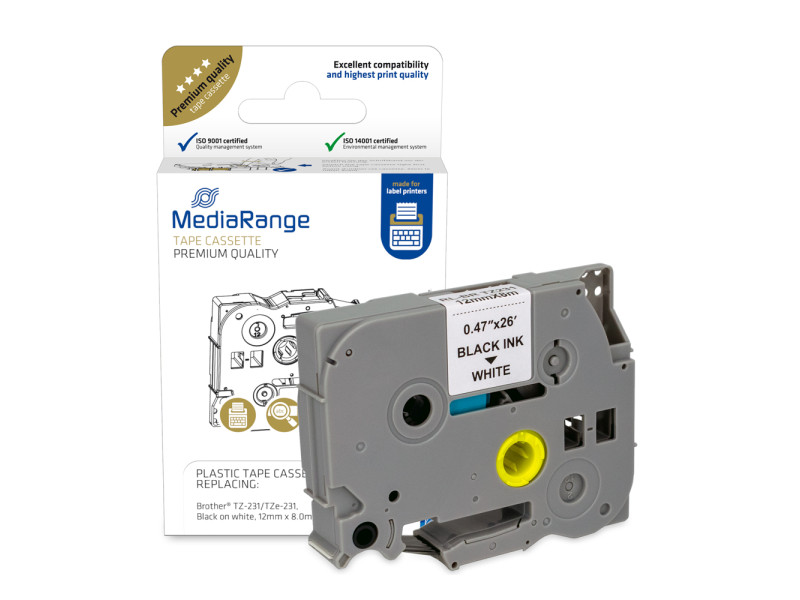 Πλαστική Ταινία Ετικετογράφου MediaRange (Brother TZ-231/TZe-231) 12 mm x 8 m (Μαύρα Γράμματα σε Λευκό Φόντο) (MRBTZ231)