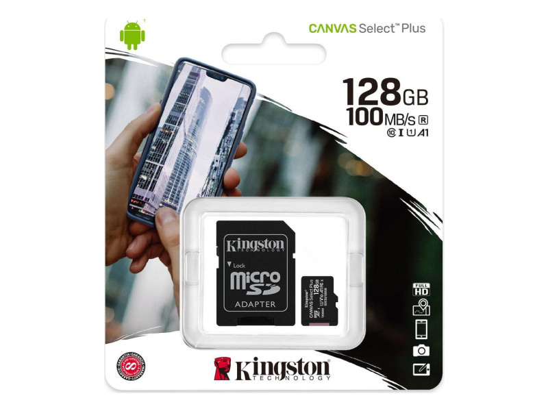 Kingston Micro Secure Digital 128GB microSDXC Canvas Select Plus 80R CL10 UHS-I Card + SD Adapter (SDCS2/128GB) Kingston Micro Secure Digital 128GB microSDXC Canvas Select Plus 80R CL10 UHS-I Card + SD Adapter (SDCS2/128GB)