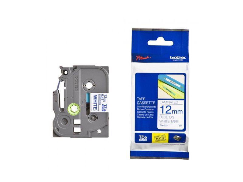 Brother TZe-233 Labelling Tape Cassette – Blue on White, 12mm wide (TZE233) (BROTZE233)
