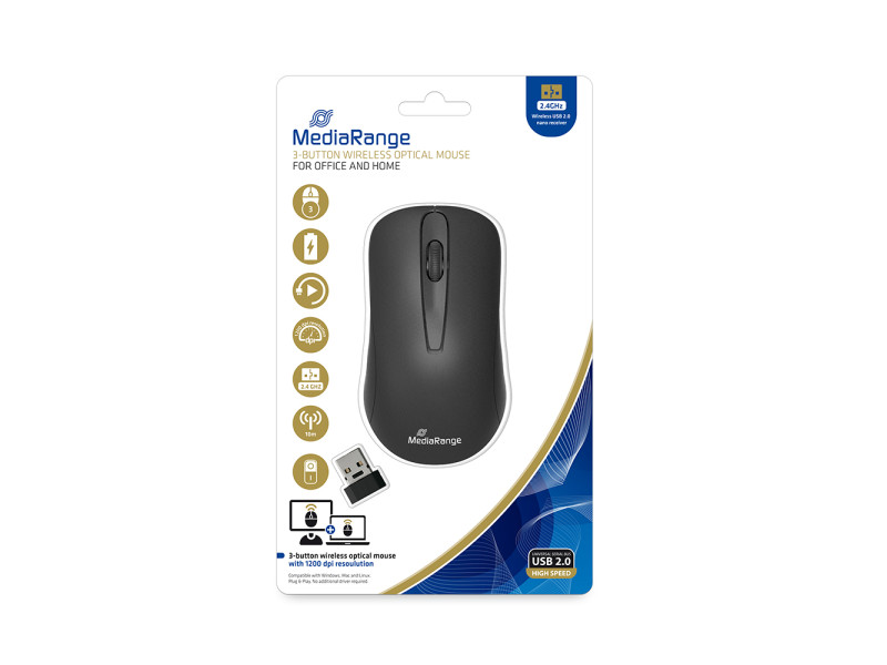 MediaRange Optical Mouse 3-Button (Black, Wireless) (MROS209)