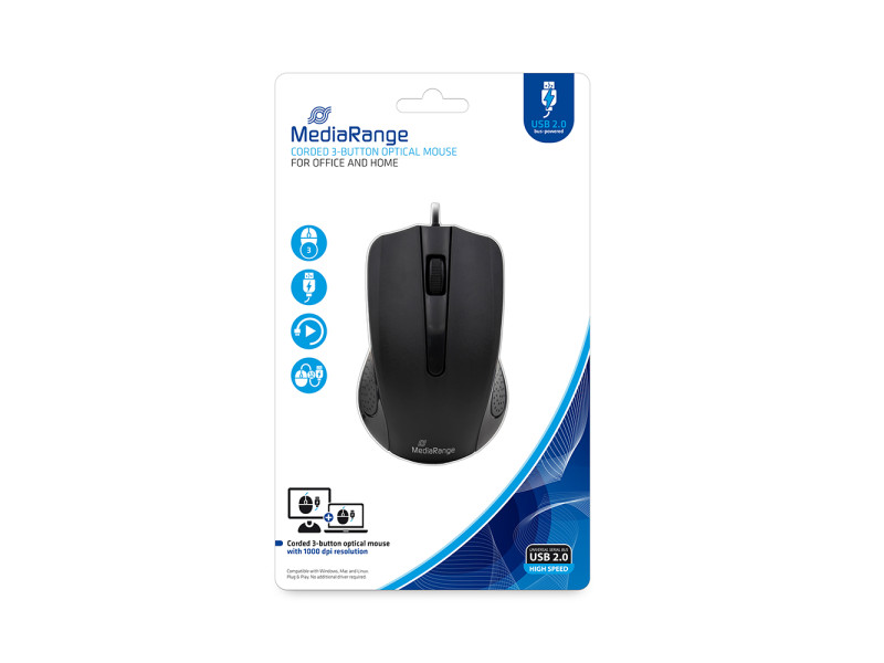 MediaRange Optical Mouse Corded 3-Button (Black, Wired) (MROS210)