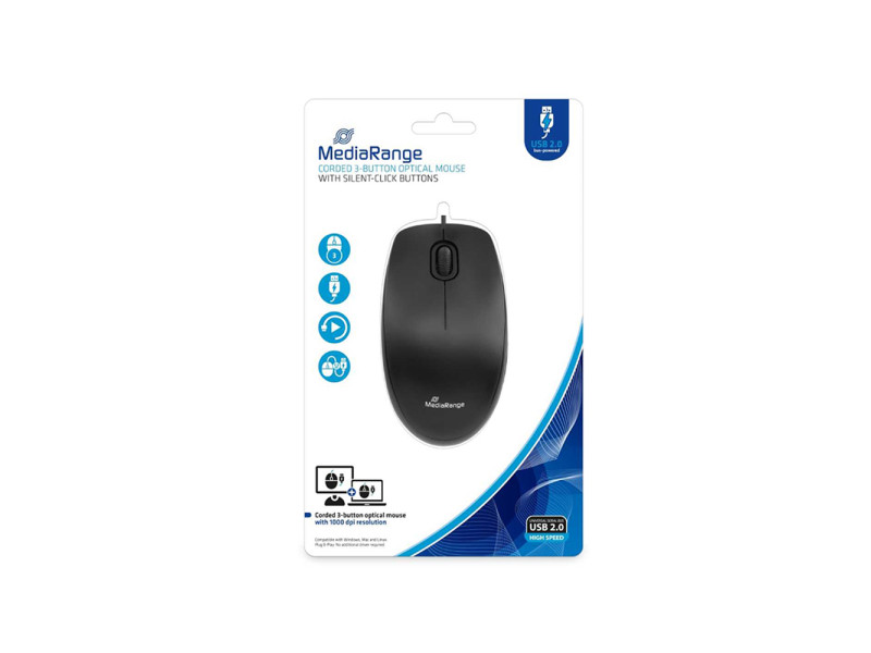 MediaRange Optical Mouse Corded 3-Button Silent-click (Black, Wired) (MROS212)
