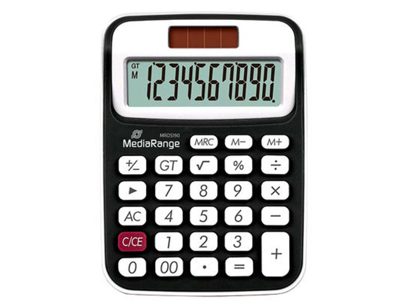 MediaRange Compact calculator with 10-digit LCD, solar and battey-powered, black/white (MROS190)