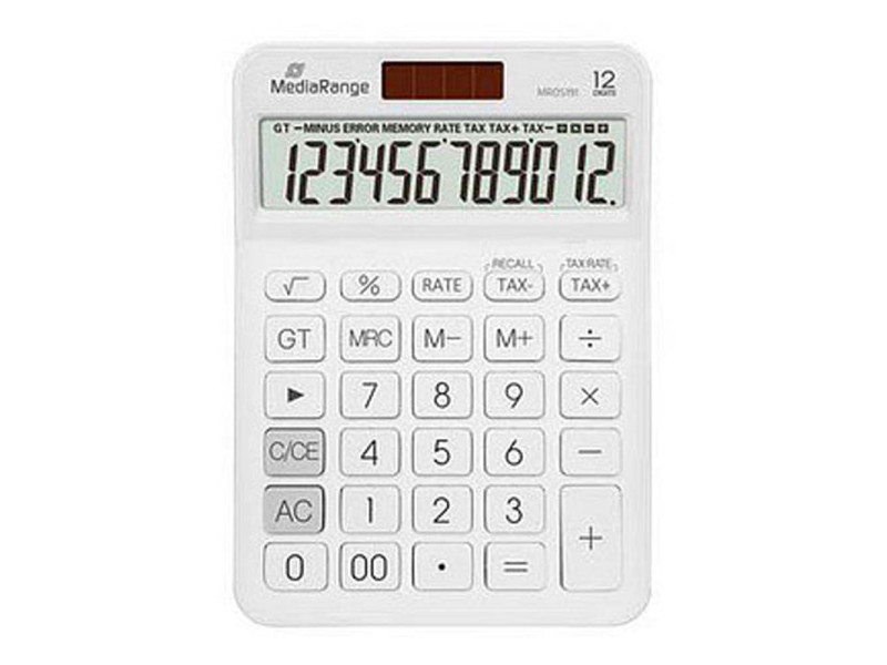 MediaRange Calculator with tax function, 12-digit LCD, solar and battery powered, white (MROS191)