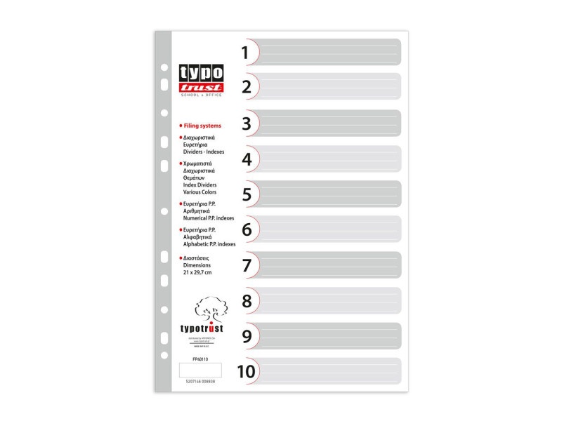 Typotrust Διαχωριστικά A4 Αριθμητικά Πλαστικά 1-10 (FP40110) (TYPFP40110)