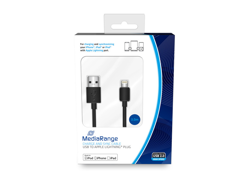Καλώδιο MediaRange Charge and sync, USB 2.0 to Apple Lightning® plug, 3.0m, black (MRCS180)