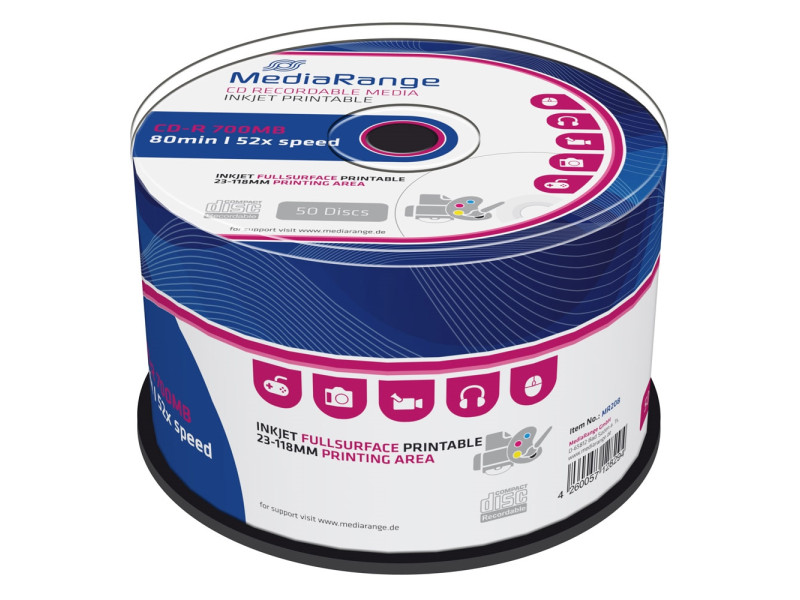 MediaRange CD-R 80' 700MB 52x Cake Box x 50 Inkjet fullsurface printable (MR208)