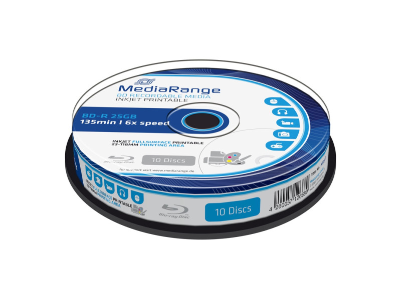 MediaRange BD-R Blu-Ray 25GB 6x Cake Box x10 Inkjet fullsurface printable (MR500)