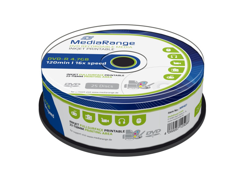 MediaRange DVD-R 120' 4.7GB 16x Cake Box x 25 Inkjet fullsurface printable (MR407)