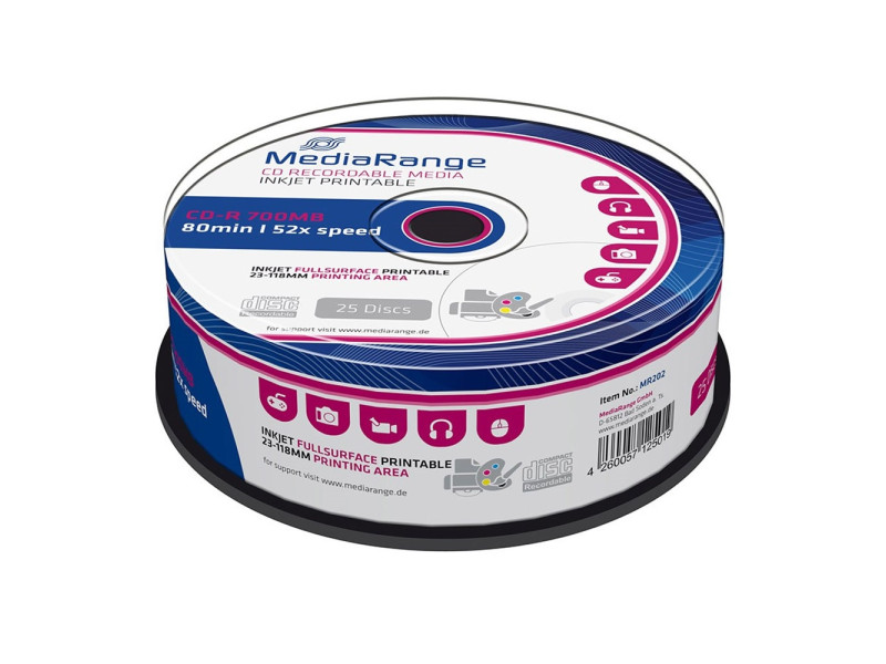 MediaRange CD-R 80' 700MB 52x Inkjet Fullsurface Printable Cake x 25 (MR202)