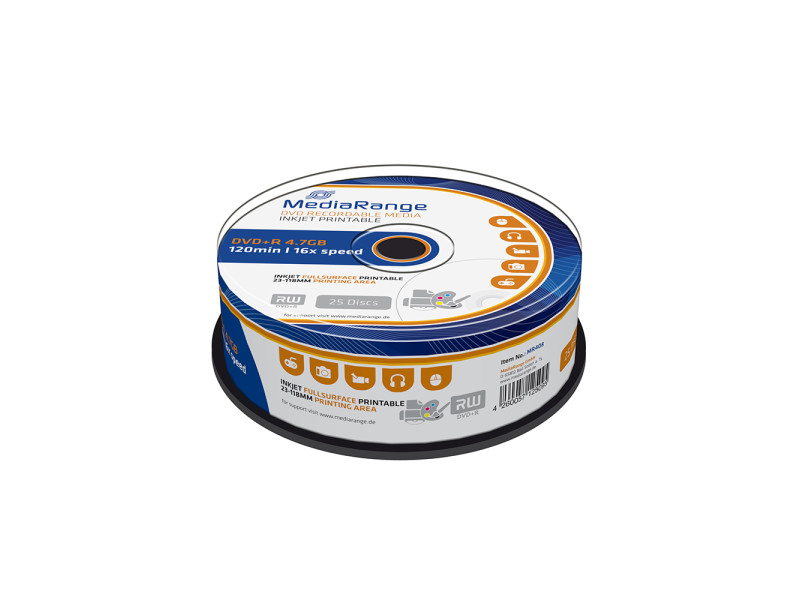 MediaRange DVD+R 120' 4.7GB 16x Inkjet Fullsurface Printable Cake Box x 25 (MR408)