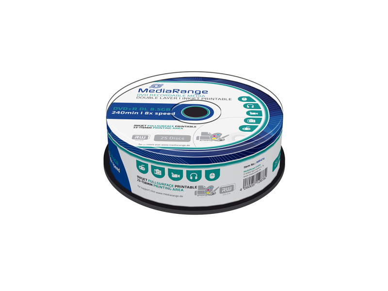 MediaRange DVD+R Double Layer 240' 8.5GB 8x Inkjet Fullsurface Printable Cake Box x 25 (MR474)