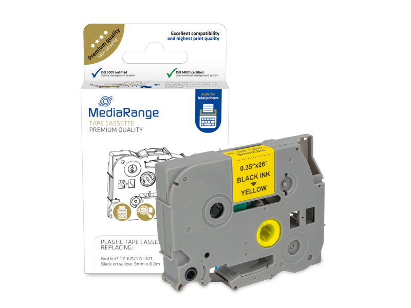 Πλαστική Ταινία Ετικετογράφου MediaRange (Brother TZ-621/TZe-621) 9 mm x 8 m (Μαύρα Γράμματα σε Κίτρινο Φόντο) (MRBTZ621)