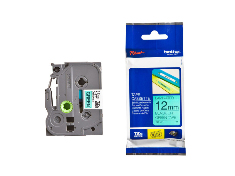 Brother TZe-731 Labelling Tape Cassette – Black on Green, 12mm wide (TZE731) (BROTZE731)