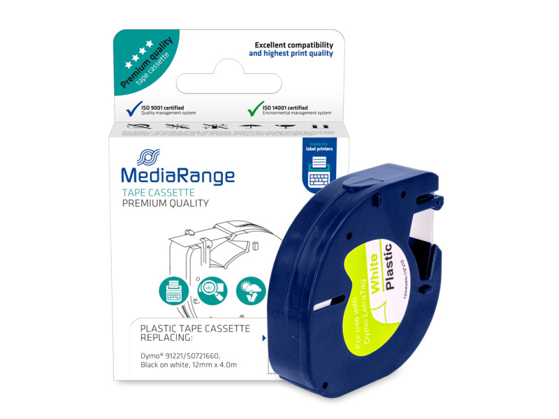 Πλαστική Ταινία Ετικετογράφου MediaRange (Dymo 91221/S0721660) 12 mm x 4 m (Μαύρα Γράμματα σε Λευκό Φόντο) (MRDY91221)